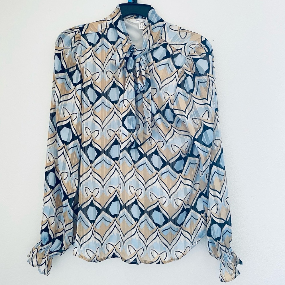 Blue and White Bib Collar Tie Front Blouse